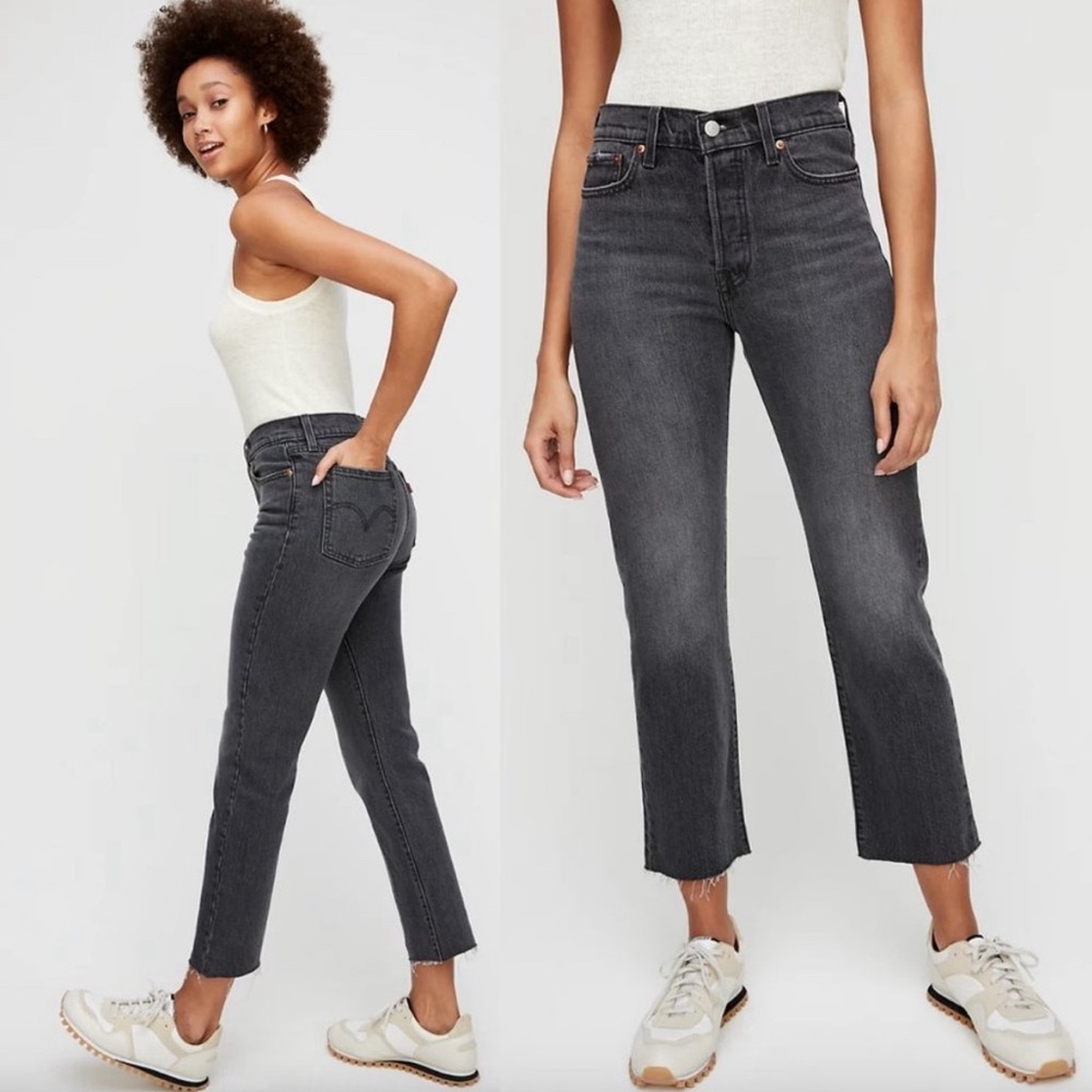Levi's Wedgie Straight Jeans Straight Leg High Rise Button Fly Raw Hem, Grey